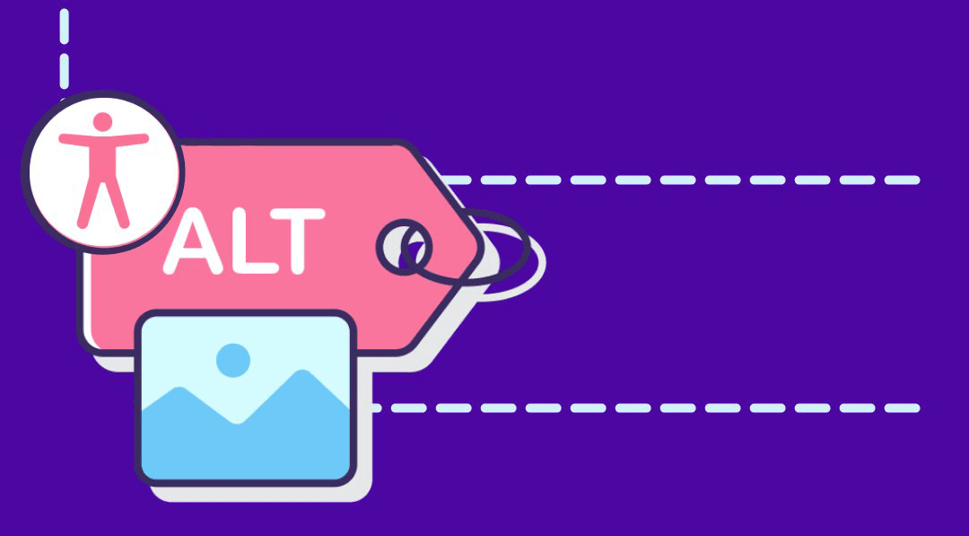 Icons of the accessibility symbol, a paper tag labeled Alt, and a photograph.